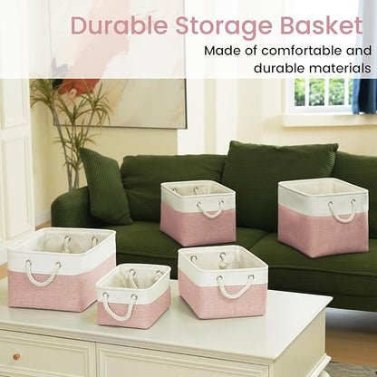Storage Baskets for Shelves 13.8x9.8x6.7 Inch, Foldable Fabric Storage Bins with Handles, Small Storage Baskets for Organizing Closet, Office, Home Organization (1-Pack, White&Pink)