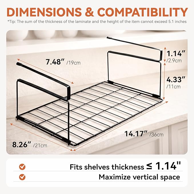 Under Shelf Basket Storage 1 Pack Black | Space-Saving with Extra Layer | Lightweight & Quick to Install | Non-Slip | 14.8" D x 8.46" W