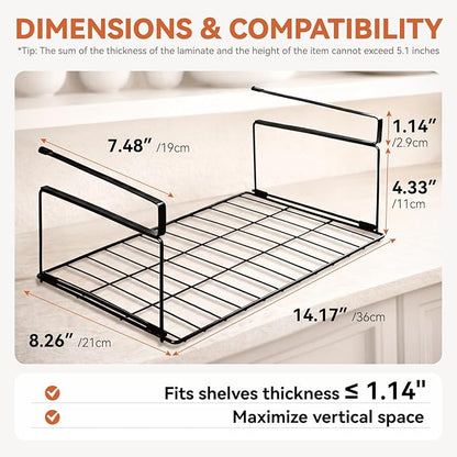 Under Shelf Basket Storage 1 Pack Black | Space-Saving with Extra Layer | Lightweight & Quick to Install | Non-Slip | 14.8" D x 8.46" W