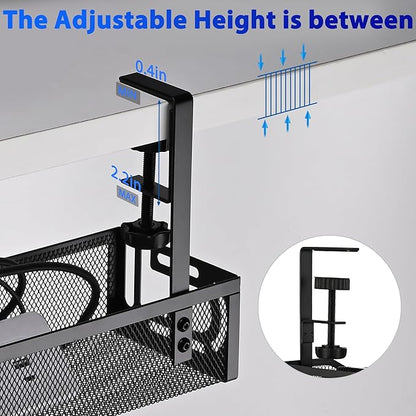 Under Desk Cable Management Tray Small – Clamp-Mounted Wire Organizer & Cord Management Under Desk Rack, No-Drill Metal Cable Organizer for Home Office (Black)