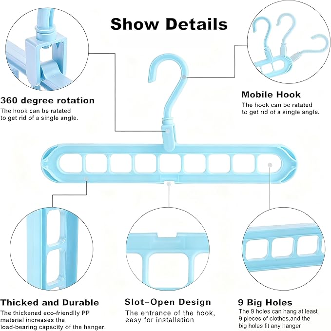 YZÉ BY YIZHE 【9-Space Saving Hangers】, 【Heavy Duty PP Plastic】 【Cascading Hanger Organizer 】 with Anti-Skid Foldable Design for Closet (Blue, 10)