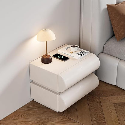 homary Smart Nightstand with Wireless Charging, USB & Type-C Ports – Modern White Leather Night Stand with 2 Drawers, Bedside Table for Bedroom