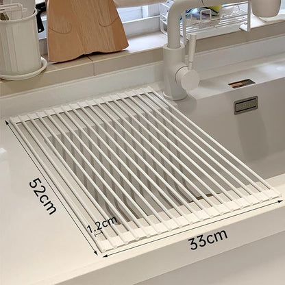 Pezixueran Roll Up Dish Drying Rack Over The Sink.Foldable Kitchen Drainer,Fully Silicone Cover Stainless Steel Bar,Heat-Resistant, Anti-Slip Sink Rack for Kitchen Counter Multipurpose.