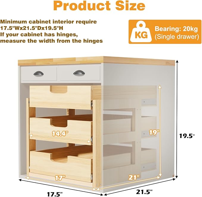 Pull Out Cabinet Organizer, 17''W×21''D Sliding Drawers for Cabinets, 3 Tier Soft Close Slide Out Wooden Pull out Drawers, Base Cabinet Organization for Kitchen, Pantry, Bathroom
