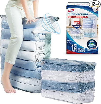 TAILI 12 Pack Vacuum Storage Bags, Space Saver Bags, Jumbo Cube 31x40x15 Inch, Extra Large Vacuum Seal Bags for Comforters, Blankets, Bedding, Clothing, Space Saving Closet Organization, Cream
