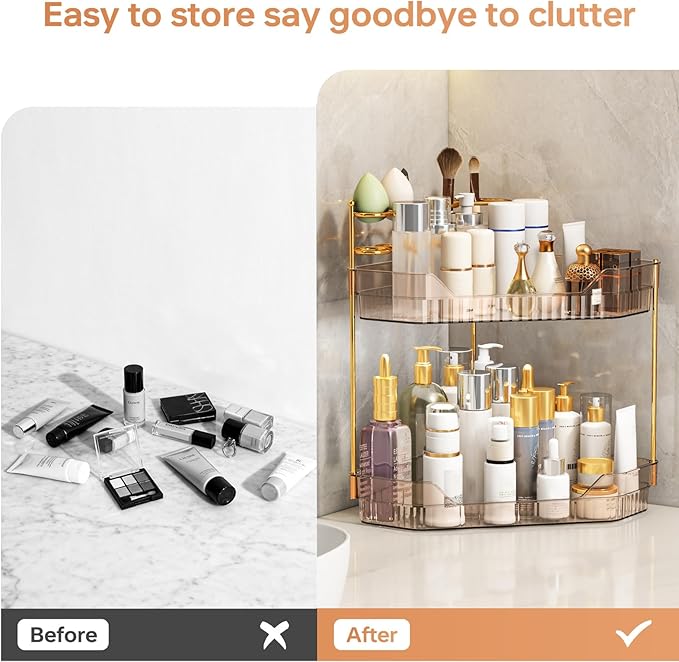 ZZWILLB Corner Bathroom Counter Organizer with Makeup Brush Holder & Toothbrush Holders, Makeup Organizer for Vanity Countertop, Acrylic Skincare Storage Shelf (Amber, 2-Tier)