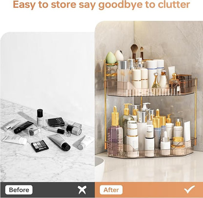 ZZWILLB Corner Bathroom Counter Organizer with Makeup Brush Holder & Toothbrush Holders, Makeup Organizer for Vanity Countertop, Acrylic Skincare Storage Shelf (Amber, 2-Tier)