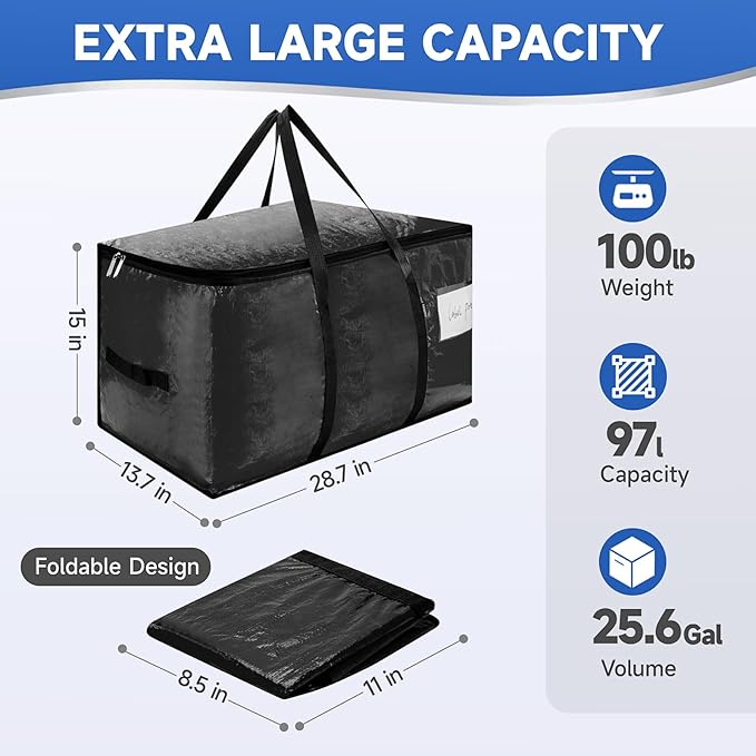8-pack extra-large moving bags - zinc alloy zipper, webbing edging, sturdy handles, durable construction, PE plastic material, suitable for university dormitories and home organization.