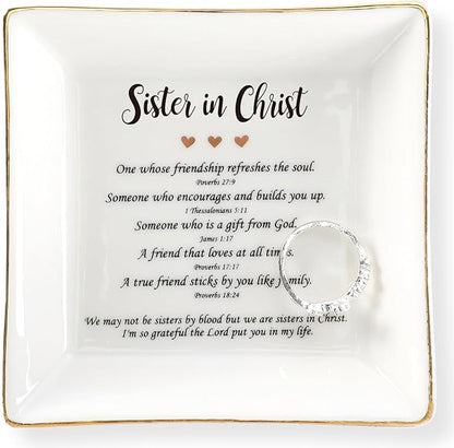 HOME SMILE Mother's Day Gifts for Sister in Christ,Ceramic Ring Jewelry Dish Tray Plate for Birthday Graduation Christmas Wedding,We May Not Be Sisters by Blood But We are Sisters in Christ