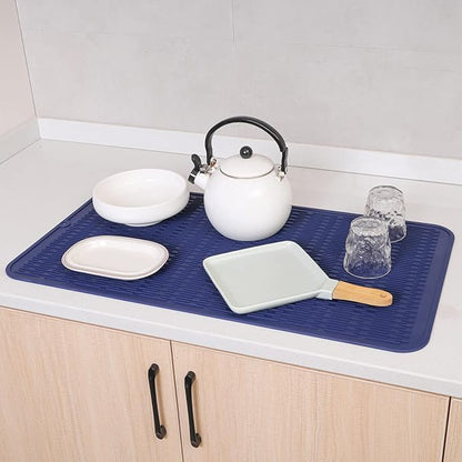 Silicone Dish Drying Mat for Multiple Usage,Easy clean,Eco-friendly,Heat-resistant Silicone Mat for Kitchen Counter or Sink,Refrigerator or Drawer Liner Navy Blue 4XL 32 inches x 18 inches