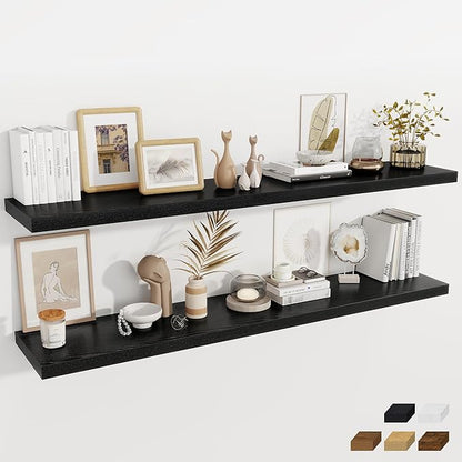 Fun Memories 12 Inch Deep Floating Shelves, 67 Inch Long Extra Large Floating Shelves Set of 2, Rustic Wood Wall Shelves for Living Room, Kitchen, Bedroom, Farmhouse, Laundry Room, Home Office - Black