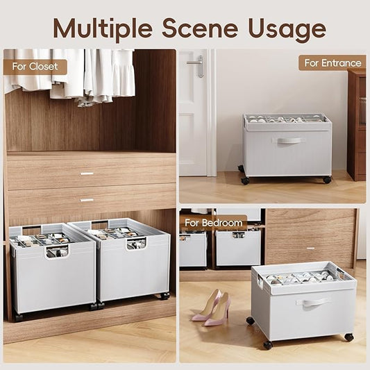 HOUSE AGAIN 2 Pack Shoe Organizer for Closet, Shoe Storage Boxes with 360° Wheels, Sturdy Metal Frame Fits up to 16 Pairs, Boots&Shoes Cubby Storage Containers with Adjustable Dividers and Clear Cover