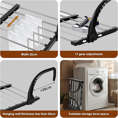 Portable Clothes Drying Rack for Balcony,29"x13" Foldable Railings Windowsill, Retractable Radiator Clothes Airer,Folding Towel Rack Indoor Outdoor Travel RV Laundry Rack with Clips