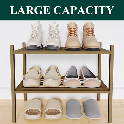Smiry Small Bamboo Shoe Rack 2-Tier, Stackable Wooden Shoe Organizer for Entryway & Closet, Free Standing Wood Shoe Storage Shelf for Front Door & Small Spaces, Brown