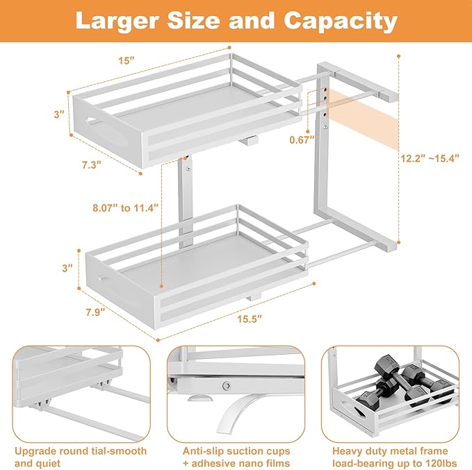 Under Sink Organizer, 2 Tier Under Sink Organizers and Storage, Adjustable Height, Slide Out Metal Cabinet Organizers, Pull Out Cabinet Storage Drawer Shelf for Kitchen Bathroom