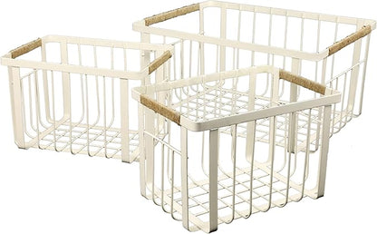 happimess BSK3003C-3SET Henley Vintage Farmhouse Wire Metal Nesting Storage Baskets with Jute Wrapped Handles for Shelves, Cabinets, Pantry, Countertop, Mesh Open Bin Basket, Almond (Set of 3)