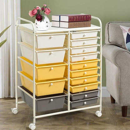 Giantex 15-Drawer Organizer Cart Office School Storage Cart Rolling Drawer Cart for Tools, Scrapbook, Paper (Yellow)