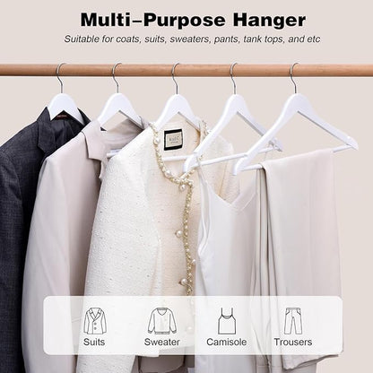 Hapmira Premium Wooden Hangers 10 Pack, Natural Solid Wood Hangers with Trouser Rods and Shoulder Notches, Space Saving for Suits, Shirts, Jackets, Dresses and Pants (10, White)
