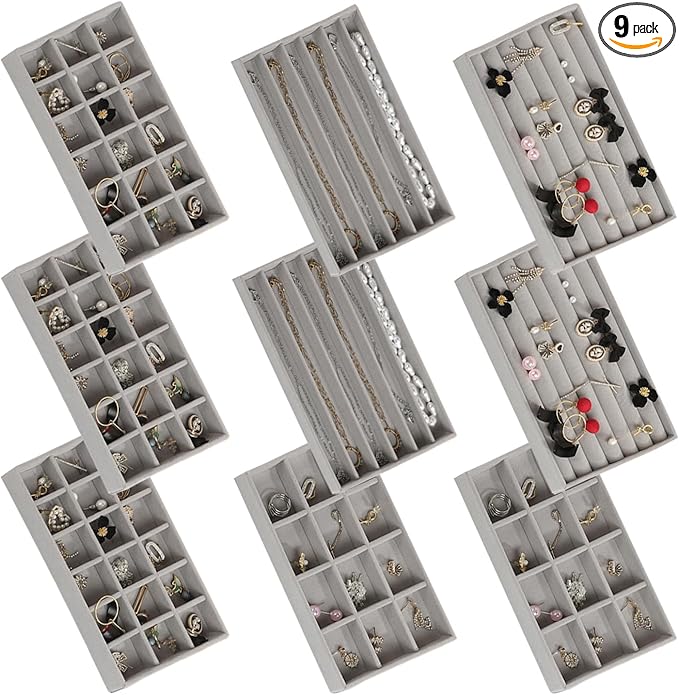 SPAKOWN Jewelry Organizer for Drawer, Adjustable Velvet Jewelry Tray, Stackable Necklace Organizer Earring Holder Organizer Ring Tray Jewelry Storage Display Drawer Inserts Set of 9 (Grey)