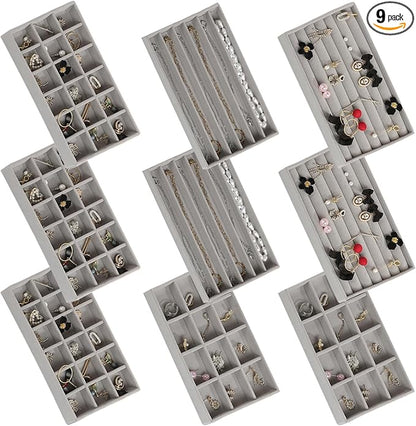 SPAKOWN Jewelry Organizer for Drawer, Adjustable Velvet Jewelry Tray, Stackable Necklace Organizer Earring Holder Organizer Ring Tray Jewelry Storage Display Drawer Inserts Set of 9 (Grey)