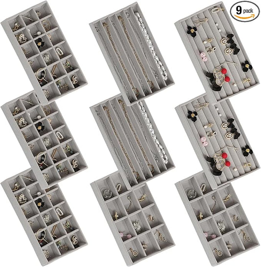 SPAKOWN Jewelry Organizer for Drawer, Adjustable Velvet Jewelry Tray, Stackable Necklace Organizer Earring Holder Organizer Ring Tray Jewelry Storage Display Drawer Inserts Set of 9 (Grey)