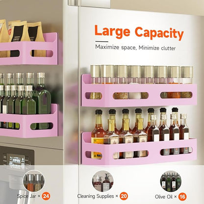 4 Pack Strong Magnetic Spice Rack for Refrigerator, Multipurpose Magnetic Shelf for Fridge with 4 Hooks for kitchen and Bathroom Organization, Pink