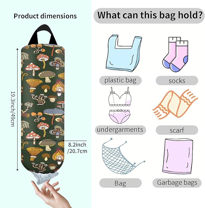 Plastic Bag Holder, Wall Mount Grocery Bag Organizer, Funny Hanging Trash Storage Dispenser for Home Kitchen Cute Mushroom