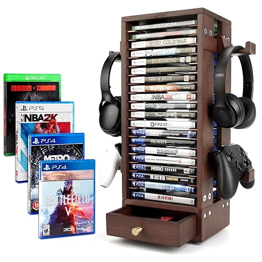 ASFSKY Walnut Wood Game Storage Tower - 20 Games Video Game Organizer & Holder, Universal Video Game Storage Tower with 4 Controller Hooks, Compatible with PS5/PS4/Xbox/Switch - Gamer Gifts