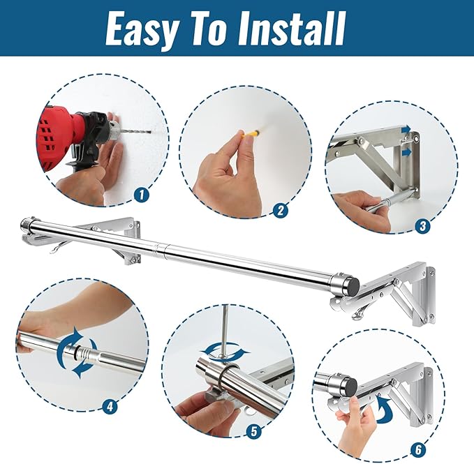 Foldable Wall Mounted Clothes Rack-30'' Long Rod&2 Thick Bases,Stainless Steel,Multi-Purpose for Space-Saving Garment Rack/Clothes Drying Rack/Clothes Hanger,Detachable and Top Shelf Room Reserved