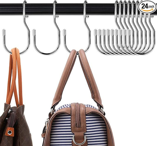 DHYLRICHER 24-Pack Purse Hangers for Closet, Large 5-inch Twist Design Hooks for Bags, Purses, Handbags, Belts, Scarves, Hats (Platinum)