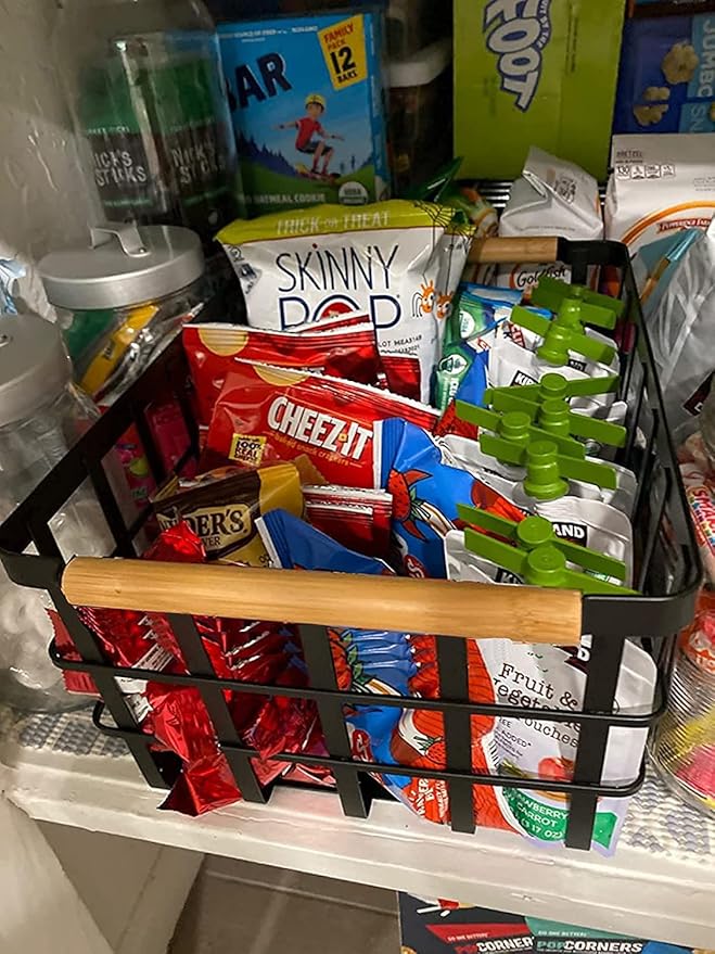 Black Farmhouse Baskets Pantry Baskets with Wooden Handles - Household Storage Organizer for Cabinets,Pantry,Closets,Kitchen,Bedrooms,Refrigerator,Freezer Baskets