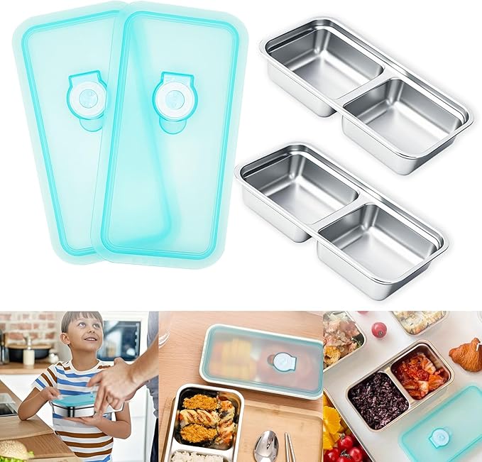 LMJAGJX 2pcs Grab and Go Snack Containers Stainless Steel, Reusable Snack Condiment Containers with Lids, Double Compartment Food Lunch Meal Container Prep for Travel, Small Packs Container