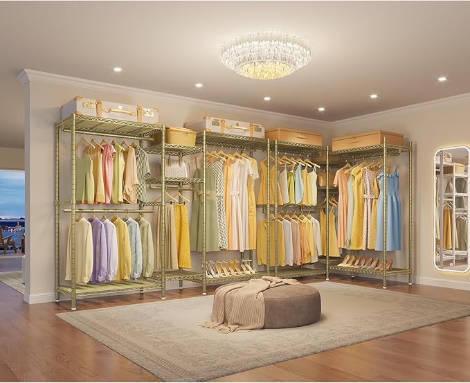 VIPEK L6 L Shaped Clothes Rack Heavy Duty Clothing Rack for Corner, 5-Tier Wire Garment Racks Metal Freestanding Closet with Adjustable Shelves, 42.1" L x 42.1" W x 76.4" H, Max Load 840LBS, Gold