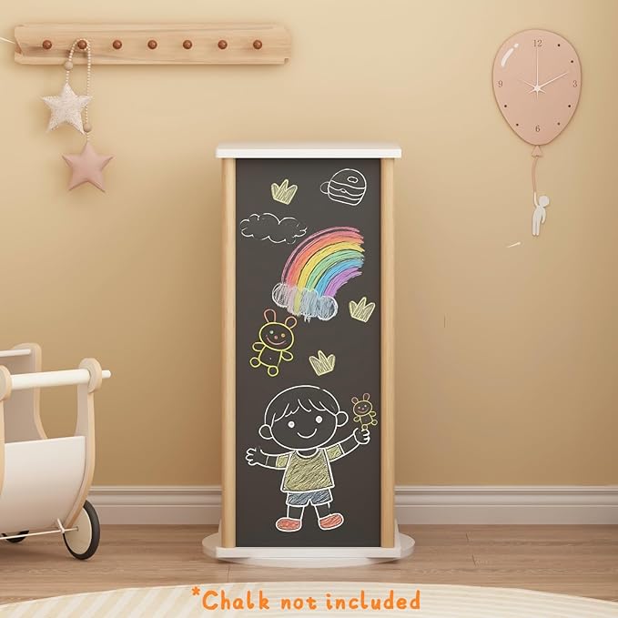 Kids Rotating Bookshelf, 360° Spinning Bookcase with Chalkboard, 3 Tier Wooden Toy Storage Shelf & Picture Book Organizer for Toddlers Nursery Playroom Bedroom, White & Natural