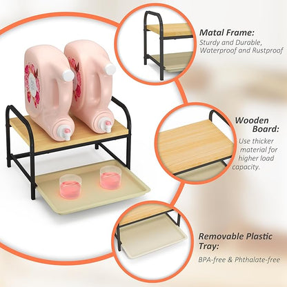 2-in-1 Laundry Detergent Holder & Organizer with Drip Tray, 2-Tier Metal Shelf for Countertop - Soap Dispenser & Storage Stand for Laundry Room, Kitchen, Bathroom, Black