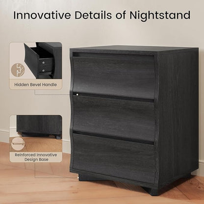 SUCSSRICH Black Nightstand, Night Stand with 3 Drawers, Modern Nightstand with Large Storage, Silent Slides, Wooden End Side Table, Bedside Table with 3 Drawers for Bedroom