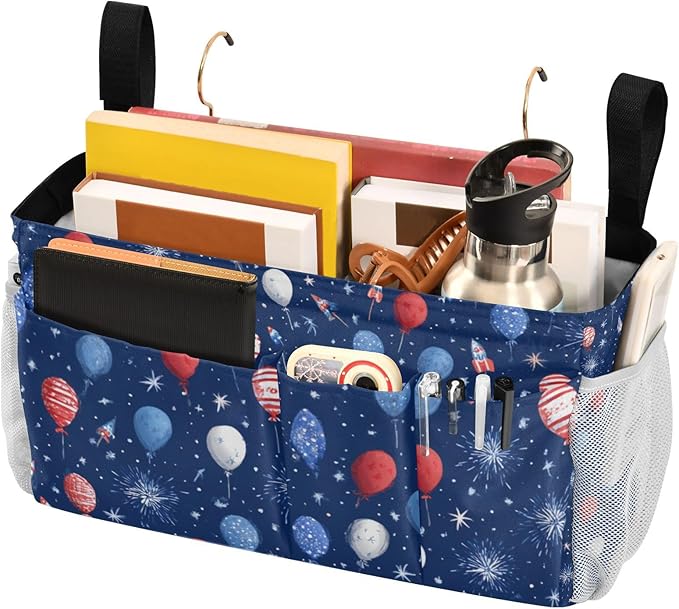 CuwrYet Bedside Caddy Hanging Bunk Bed Caddy Bed Organizer Hanging Pocket with 2 Hooks Bedside Storage Organizer Pocket Bag Holder Navy Blue Patriotic Balloons Fireworks