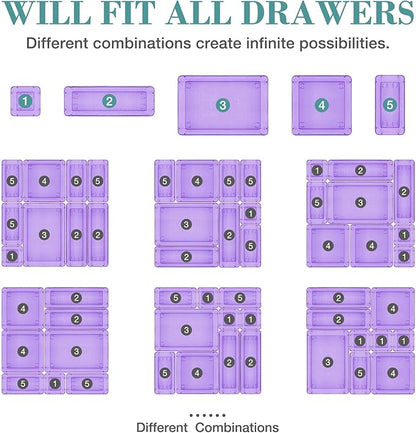 StorMiracle 23 PCS Drawer Organizer Set, 5 Varied Size Bathroom and kitchen Drawer cabinet organizer Trays, Clear Storage Bins for Makeup, Jewelry, Utensils and Gadgets, Purple