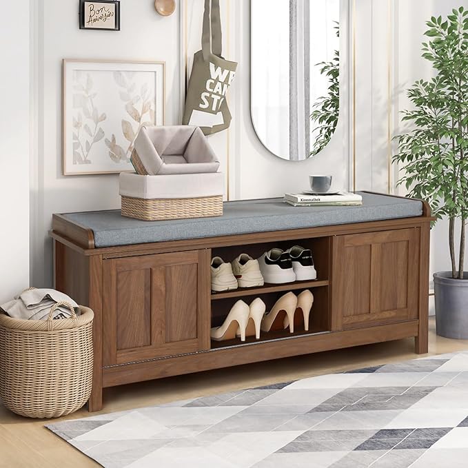 2-Tier Shoe Storage Bench,43" Wooden Shoe Cabinet with Sliding Doors,Walnut Shoe Bench with Adjustable Shelves,Storage Bench for Entryway,Hallway,Bedroom