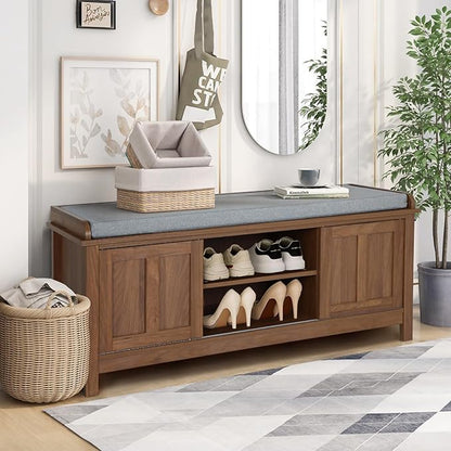 2-Tier Shoe Storage Bench,43" Wooden Shoe Cabinet with Sliding Doors,Walnut Shoe Bench with Adjustable Shelves,Storage Bench for Entryway,Hallway,Bedroom