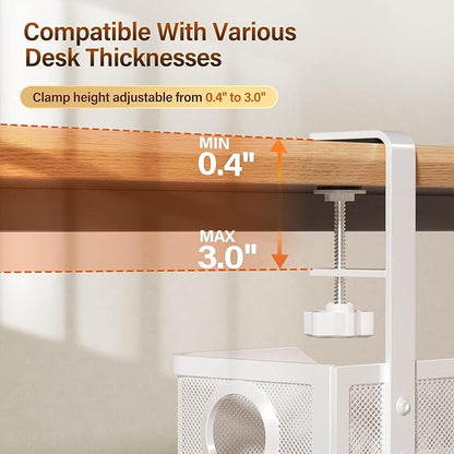 Under Desk Cable Management Large, Cinati 16" Cable Management Box for Table Thickness up to 3", Wire Cord Organizer with Clamp No Drill, No Damage to Desk (White)