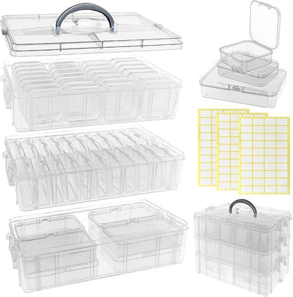 Guyuyii Bead Organizers and Storage with Labels and Handle - 58 Pcs Small Plastic Bins with Lids and 3-Tier Stackable Clear Bead Storage for Diamond Painting, Seed Beading & Jewelry Making (3 Sizes)