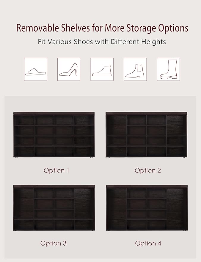 DINZI LVJ Shoe Storage Bench with Cushion, 16-Cubby Shoe Rack, Adjustable Shelves, Multifunctional Shoe Organizer Bench for Entryway, Mudroom, Hallway, Living Room, Bedroom and Garage, Espresso