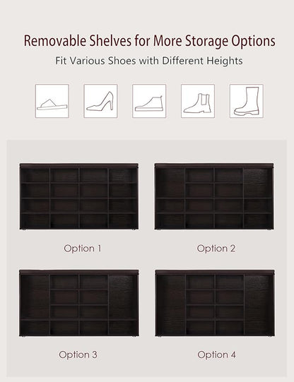DINZI LVJ Shoe Storage Bench with Cushion, 16-Cubby Shoe Rack, Adjustable Shelves, Multifunctional Shoe Organizer Bench for Entryway, Mudroom, Hallway, Living Room, Bedroom and Garage, Espresso