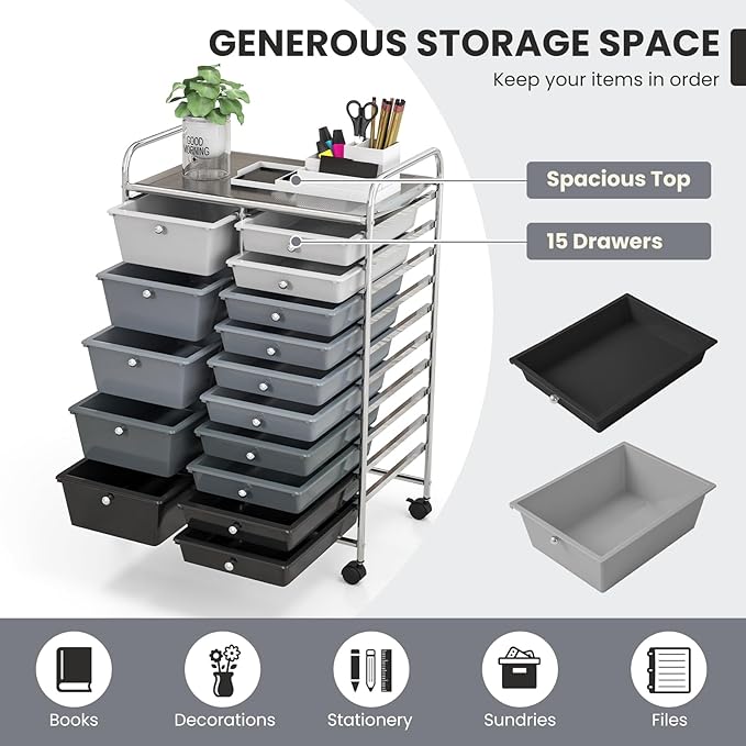KOTEK 15-Drawer Rolling Storage Cart, Multipurpose Mobile Utility Cart with 4 Wheels, Home Office School Tools Scrapbook Paper Organizer (Grey & Black)