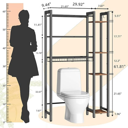 NEHAJUNXI Over The Toilet Storage with Side Rack, 7-Tier Bathroom Organizer with Adjustable Shelf & Drain Basket & 4 Hooks, Freestanding Space Saver for Balcony, Laundry (Vintage Brown)