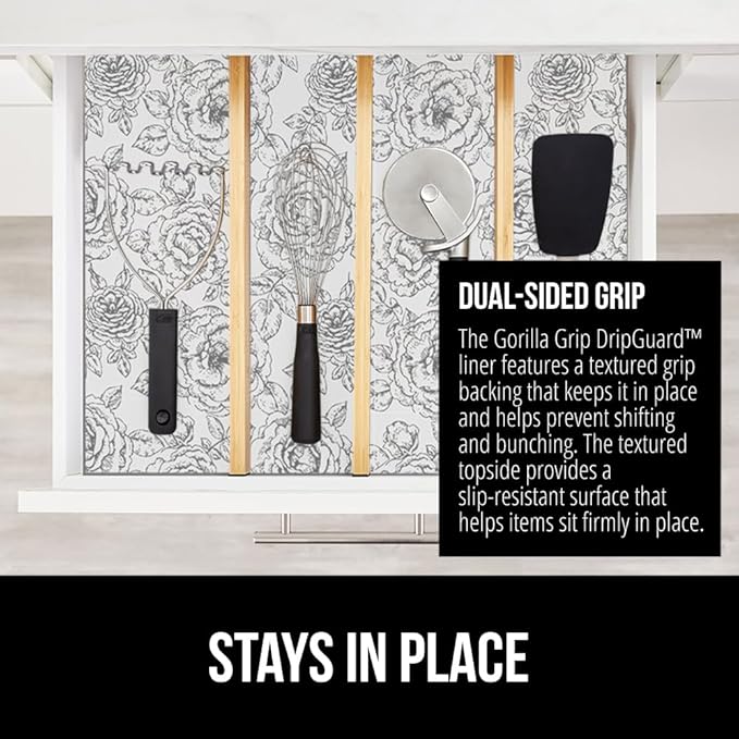 GORILLA GRIP DripGuard Shelf Liner, Non Adhesive Drawer and Kitchen Cabinet Protector, Slip Resistant BPA Free Smooth Surface Plastic Liners for Cabinets, Bathrooms, Closets, 17.5x120 Inch Floral Gray