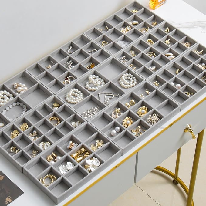 SPAKOWN Jewelry Organizer for Drawer Set of 9, Velvet Jewelry Tray Stackable Jewelry Organizer Display Trays Divided Earring Storage Containers (Grey)