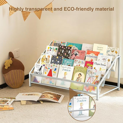 4-Tier Toddler Bookshelf & Organizer - Sturdy Metal Book Rack for Kids Room - Montessori Front-Facing Display Stand, High-Capacity Transparent Storage for Nursery & Playroom, 32 Inch