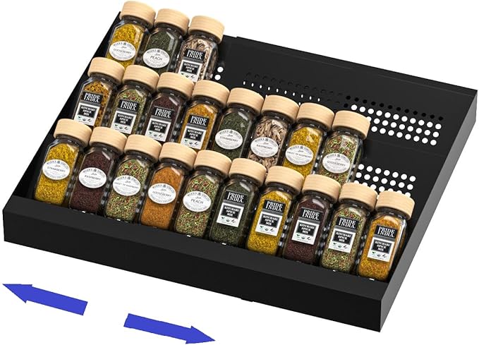 Wobmmi Expandable Metal Spice Drawer Organizer,3-Tier Slanted Seasoning Jars Tray for Kitchen Cabinet Drawers Insert/Countertop (Jars not included)-3Tier,1pack/Black